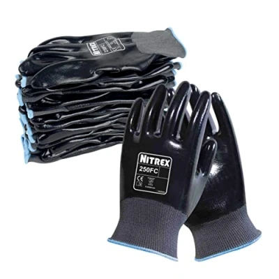 Afbeelding van Unigloves Nitrex 250FC herbruikbare handschoenen voor algemene hantering met volledige nitril coating en polyester voering, in grijs/zwart