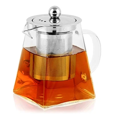 Afbeelding van BONNACC Theepot van glas met zeef, 500 ml, kleine glazen theepot, rechthoekig, kan zeef voor thee, theemaker losse roestvrijstalen inzetstuk, hittebestendig, borosilicaatglas