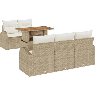 Afbeelding van vidaXL 6 delige Tuin Eetset met Kussens Beige Poly Rattan Acacia