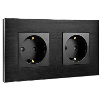 Afbeelding van Navaris inbouwstopcontact met aluminium rand Contactdoos behuizing Dubbel Wandcontactdoos bevestigingsmateriaal Zwart