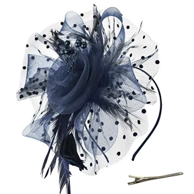 Afbeelding van DRESHOW Fascinators Hoeden Bloem Mesh Linten Veren op een Hoofdband en Gevorkte Clip Cocktail Tea Party Hoofddeksels voor Meisjes Vrouwen