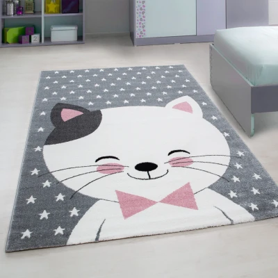 Afbeelding van Kids Poesje Vloerkleed Kinderkamer Grijs / Roze Laagpolig 160x230 cm