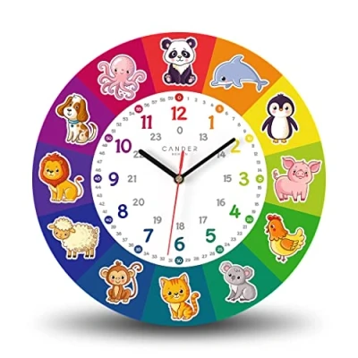 Afbeelding van Cander Berlin MNU 7930 T Kinderwandklok geruisloos 30,5 cm MDF analoog leerhorloge jongens meisjes kinderkamer zonder tikkende geluiden kleurrijke dieren