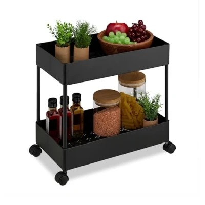 Afbeelding van Relaxdays keuken trolley met wieltjes 2 laags badkamer kunststof serveerwagen zwart