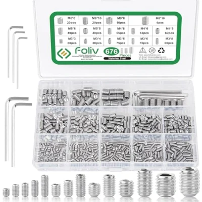 Afbeelding van Foliv 676 stuks madenschroeven assortimentset roestvrij staal M3, M4, M5, M6, M8, madenschroeven/binnenzeskant schroefdraadpennen DIN 913, zeskantkop schroeven met moersleutel voor deurgreep,
