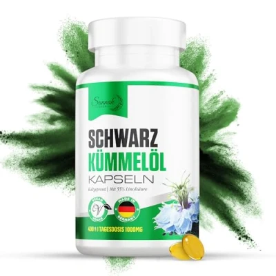 Afbeelding van Sunnah Shop® zwarte komijnolie capsules, koudgeperst, 400 veganistische capsules met vitamine E, Nigella Sativa hoge dosis 1000 mg Egyptische dagdosis Black Seed Oil