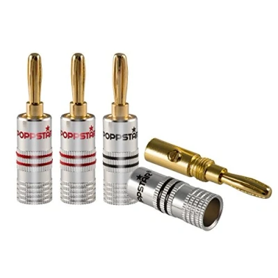 Afbeelding van Poppstar 4x High End Bananenstekker, voor Luidsprekerkabel (tot 6 mm²), Speakers, Luidspreker, AV Receiver, 24k Vergulde Contacten (2x zwart, 2x rood)
