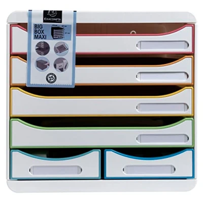 Afbeelding van Exacompta Ref. 312913D Individuele BOX BIG MAXI met 4 laden voor A4+ documenten en 2 kleine schrijfgerei Afmetingen : Diepte 34,7 x Breedte 27,8 Hoogte 27,1 cm Wit/harlekijn