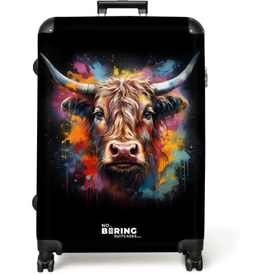 Afbeelding van NoBoringSuitcases.com® Koffer groot Reiskoffer lichtgewicht Schotse hooglander als graffiti art Rolkoffer met 4 wielen Grote trolley XL 98 liter bagage
