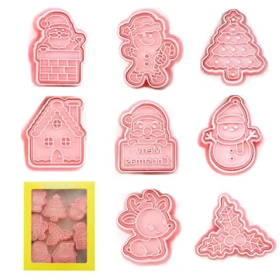 Afbeelding van YEJAHY 8 stuks kerst koekjessnijders, plastic kerstvormen snijder koekjesstempelvorm koekjessnijders voor koekjescake chocolade bakken (C)