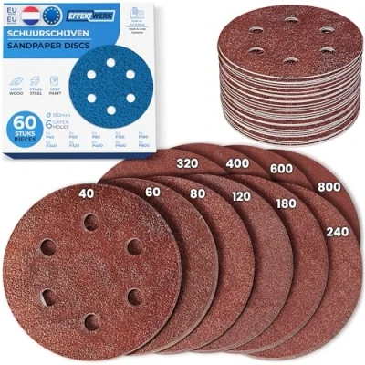 Afbeelding van EFFEKTWERK Schuurpapier 150 mm klittenband 60 stuks schuurschijven voor excenterschuurmachines 6 gaten 6x korrel P40 P60 P80 P120 P180 P240 P320 P400 P600 P800