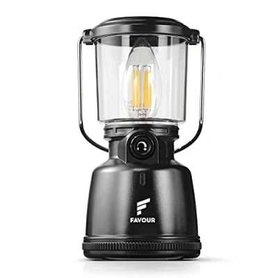 Afbeelding van Favour L0818 Retro Camping Lamp oplaadbaar LED, 320 Lumen, IP64 Waterdicht, Draagbare Kampeerlamp, Tentlamp, Acculamp, Traploos Dimbare incl. Kaarslicht modus, Zwart