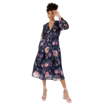 Afbeelding van Anaya with Love Midi jurk voor dames, lange mouwen, V hals, bloemenprint, A lijn, bruiloft, gast, avond, feest, marineblauw, 42