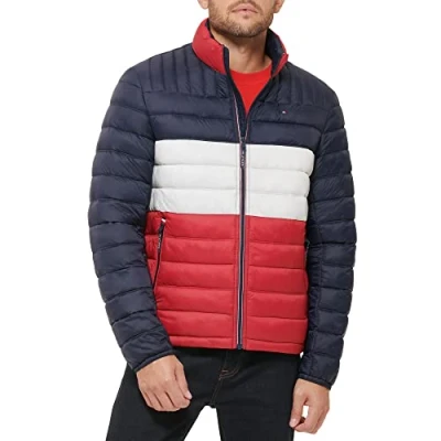 Afbeelding van Tommy Hilfiger Ultra Loft lichtgewicht opvouwbare donsjack voor heren (standaard en groot lang) donsjack, Middernacht/IJs/Rood Colorblock, S