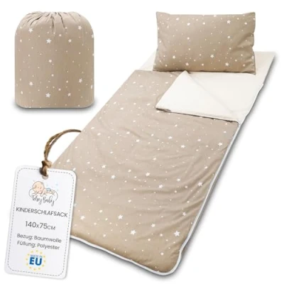 Afbeelding van Slaapzak kinderen met kussen en ritssluiting voor baby 3 7 jaar 140 x 75 cm kinderslaapzak binnen kinderdagverblijf kleuterschool dekenslaapzak Beige witte sterren