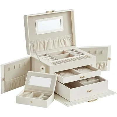 Afbeelding van Sieradendoosje 3 niveaus, sieradendoos, 2 laden, draagbare mini box voor reizen, met handvat, afsluitbaar, cadeau idee, PU bekleding in klassiek wit, binnenvoering crèmewit