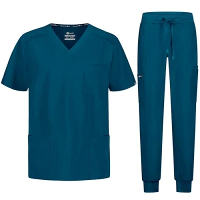 Afbeelding van B well Matteo Scrubset voor heren, jas en joggingbroek, set geneeskunde, arts, uniform, medische beroepskleding met elastaan, Caribisch groen, XL