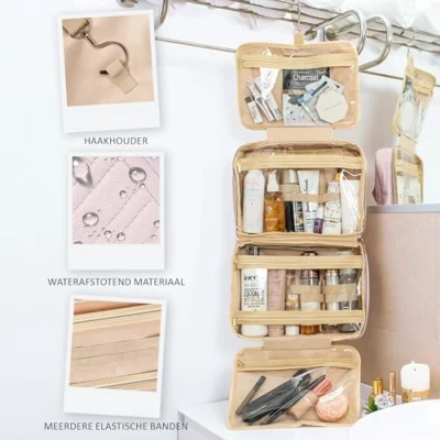 Afbeelding van PolkaHome Grote Hangende Reistoilettas voor Dames en Meisjes, Make Up Tas, Douche Wastas, Organizerset Cosmetica, Benodigdheden, Reisaccessoires Roze