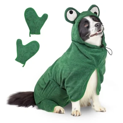 Afbeelding van Bibykivn Badjas voor honden, hondenbadjas van microvezel, verstelbare halsband met klittenbandsluiting, sneldrogende badhanddoek grote, middelgrote kleine honden/kat (groene kikker, M)