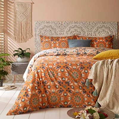 Afbeelding van furn. Folk Flora Dekbedovertrek en Kussensloop Set, Oranje, 3 stuks, Tweepersoons