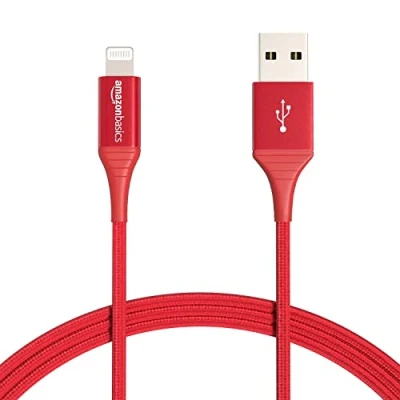 Afbeelding van Amazon Basics USB A naar Lightning oplaadkabel, nylon gevlochten snoer, MFi gecertificeerde oplader voor Apple iPhone 14, 13, 12, 11, X, Xs Pro, Pro Max, Plus, iPad, 0,9 m, rood