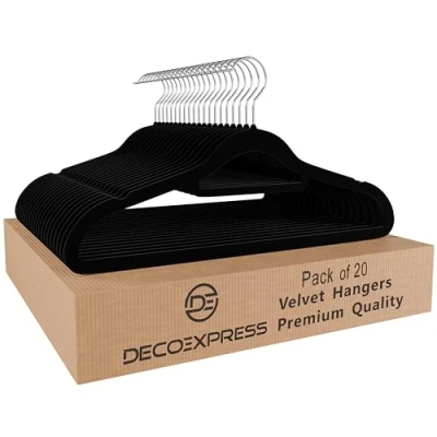 Afbeelding van Deco Express Fluwelen hangers, ruimtebesparende antislip kleerhangers voor kleding multipack (zwart, 20 stuks)