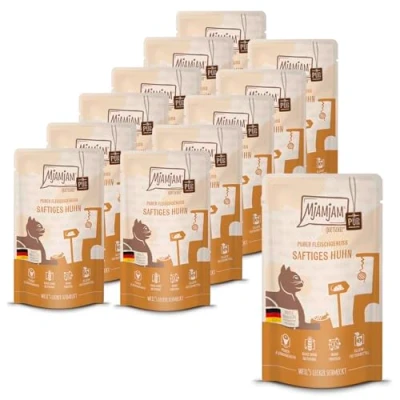 Afbeelding van MjAMjAM premium natvoer voor katten Quetschie sappige pure kip, pak van 12 (12 x 125 g), graanvrij met extra vlees