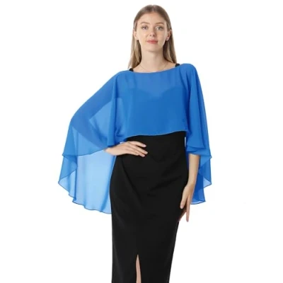 Afbeelding van Hotshawl Capelets voor vrouwen, chiffon cape, sjaals en wraps avondjurk, bruiloft, cover up., Blauw, Eén Maat