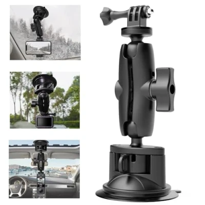 Afbeelding van UNSTINCER Verstelbare zuignaphouder voor telefoon en actiecamera, dubbele balhoofdondersteuning 360 rotatie, houder met magische arm op autovoorruit GoPro Insta360 Akaso DJI Osmo, enz.