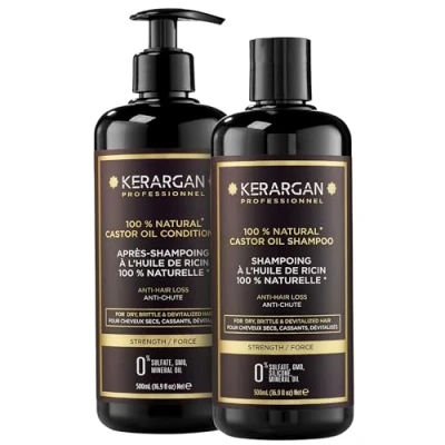 Afbeelding van Kerargan Anti Haaruitval Duo Shampoo &amp; Conditioner met Ricinusolie voor Droog, Breekbaar, Levensloos Haar Bevordert de Groei Zonder Sulfaten, Siliconen, GMO 2x500 ml
