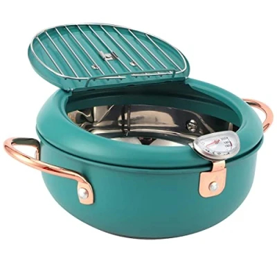 Afbeelding van Tempura friteuse potthermometer, frituurpan met thermometer Japanse roestvrijstalen garnalenolie pan voor inductiekookplaat diepgroen