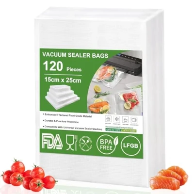 Afbeelding van Omtofo vacuümzakken, 120 stuks, 15 x 25 cm, met reliëf, BPA vrij, scheurvast, voor alle thuisvacuümverpakkers, professionele levensmiddelen, sous vide diepvrieszakken
