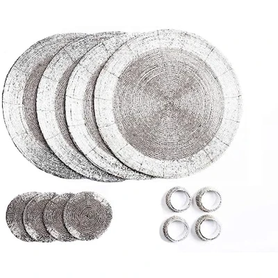 Afbeelding van Penguin Home® Set van 12 glazen kralen Placemats, onderzetters en servetringen zilverkleur ronde Placemats handgemaakt door bekwame Indiase ambachtslieden Diameter 32 cm (13&quot;)