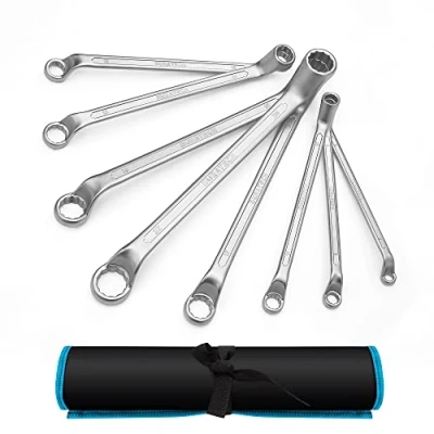 Afbeelding van DURATECH Offset dubbele ringsleutelset, boxsleutelset, chroom vanadiumstaal, verchroomd oppervlak, DIN 838, 75 graden offset, 8 delig, metrisch, 6 22 mm, 12 punts, met draagtas