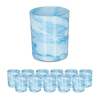 Afbeelding van Relaxdays theelichthouders set van 12, glas met marmer look, waxinelichthouders, HxØ: 8,5 x 7 cm, kaarsjeshouders, blauw