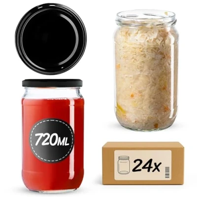 Afbeelding van KADAX Weckpotten, 720 ml, inmaakpotten voor schroefdeksel, jampot, voorraadpot, conservenglas, ronde potten (zwart, 24 stuks)