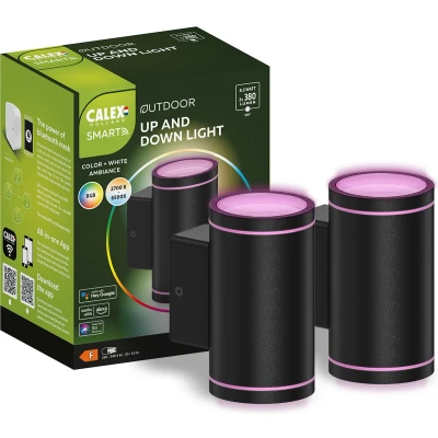 Afbeelding van Calex Smart Outdoor LED Buitenlamp Set van 2 stuks Slimme Up &amp; Down Wandlamp RGB en Warm Wit Licht 4W Zwart