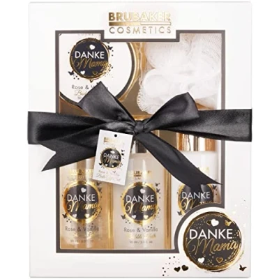 Afbeelding van BRUBAKER Cosmetics Danke Mama (Dank U Mama) 5 delige Rose Vanille Geurende Douche en Bad Set Cadeautip Vrouw Cadeau Idee Cadeauset met Exfoliërende Spons Huidverzorgingsset Wit Goud Strik Zwart Moederdag cadeautje