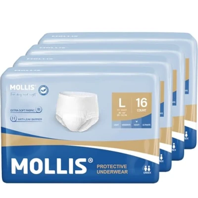 Afbeelding van MOLLIS incontinentie en postpartumondergoed voor volwassenen dames heren, wegwerpondergoed met lekbescherming &#039;s nachts, geurbestrijding, groot, 64 stuks