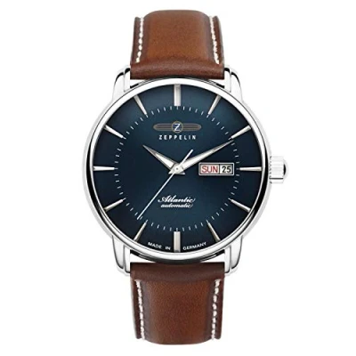 Afbeelding van Zeppelin Herenhorloge met lederen band serie Atlantic automatische weekdag datum 8466, blauwgrijs/bruin, Riemen.