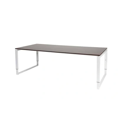 Afbeelding van Domino Plus vergadertafel, hoogte instelbaar (62 85cm) met 220x100cm &#039;zwevend&#039; logan eiken 25mm blad en wit (RAL9010) O poot frame