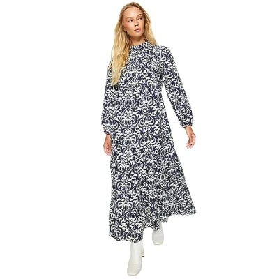 Afbeelding van Trendyol Blauwe Katoenen Geweven Jurk Met Halve Knoopsluiting En Patroon Tctss23Eb00222