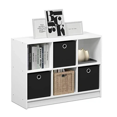 Afbeelding van Furinno Basic boekenkast met 6 vakken en 3 laden, hout, wit/zwart, 30,23 x 59,94 cm