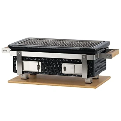 Afbeelding van BBQ Toro Keramische tafelgrill met houten onderlaag, 50 x 23 17 cm, Hibachi zonder stroom, zwart, minigrill, tafelgrill, houtskool, houtskoolgrill, camping, mini grill,