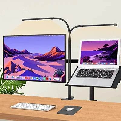 Afbeelding van iZELL 154 LED Dimbare Bureaulamp 【3 kleurtemperaturen &amp; 10 helderheidsniveaus】 70cm flexibele zwanenhals met USB oplader, klemlamp, kantoorlamp, werklamp voor thuiskantoor/kantoor
