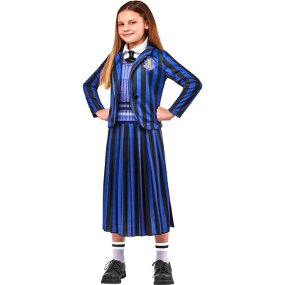 Afbeelding van RUBIES Officieel Wednesday luxe kinderkostuum bovendeel met kraag en stropdas, jas rok uniform kindermaat naar keuze serie Halloween kostuum voor jongeren, meisjes