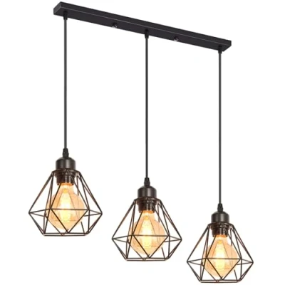 Afbeelding van iDEGU Vintage hanglamp, 3 lampen, diameter 16 cm, industriële E27, kroonluchter, metaal in kooistijl, geometrische plafondlamp voor keuken en woonkamer (plafondlijst)