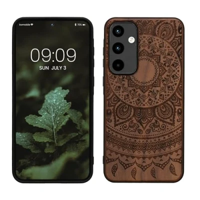 Afbeelding van kwmobile telefoonhoesje geschikt voorSamsung Galaxy A55 5G Hoesje met bumper hout In donkerbruin Indian Sun design