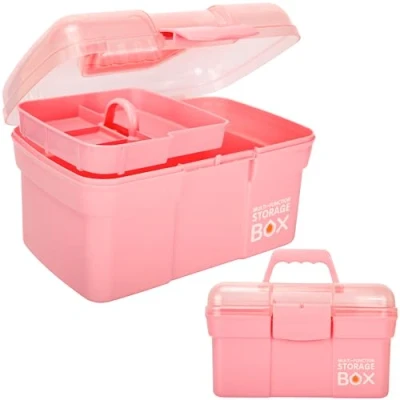Afbeelding van Creahaus Multifunctionele opbergdoos van 28 cm met afneembaar dienblad, plastic kleine handvat, draagbare kunstnijverheid organizer voor naaien, make up, medicijnen, nagels,