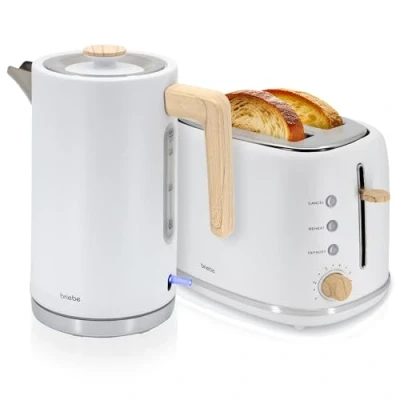 Afbeelding van briebe Nordic Set Broodrooster, Brede Sleuf, 2 Sneden, 6 Bruiningsniveaus + Elektrische Waterkoker, 1,7 l, Draadloos, 2200 W, Snel Koken, BPA vrij, Ontbijtverpakking, Scandinavisch Design, Wit